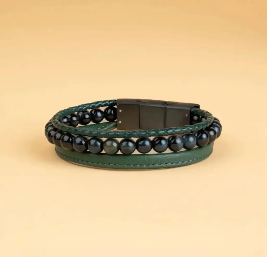 Gemini - Bracelet TRIPLE avec pierre Oeil de tigre 6 mm et cuir Nappa (green)  (M-L).webp