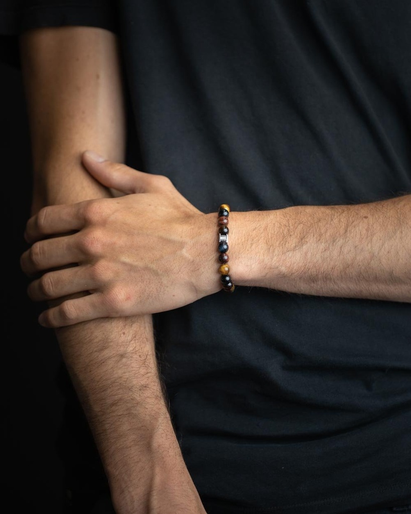 Gemini - Bracelet Triple avec pierre Onyx 6 mm et cuir Nappa