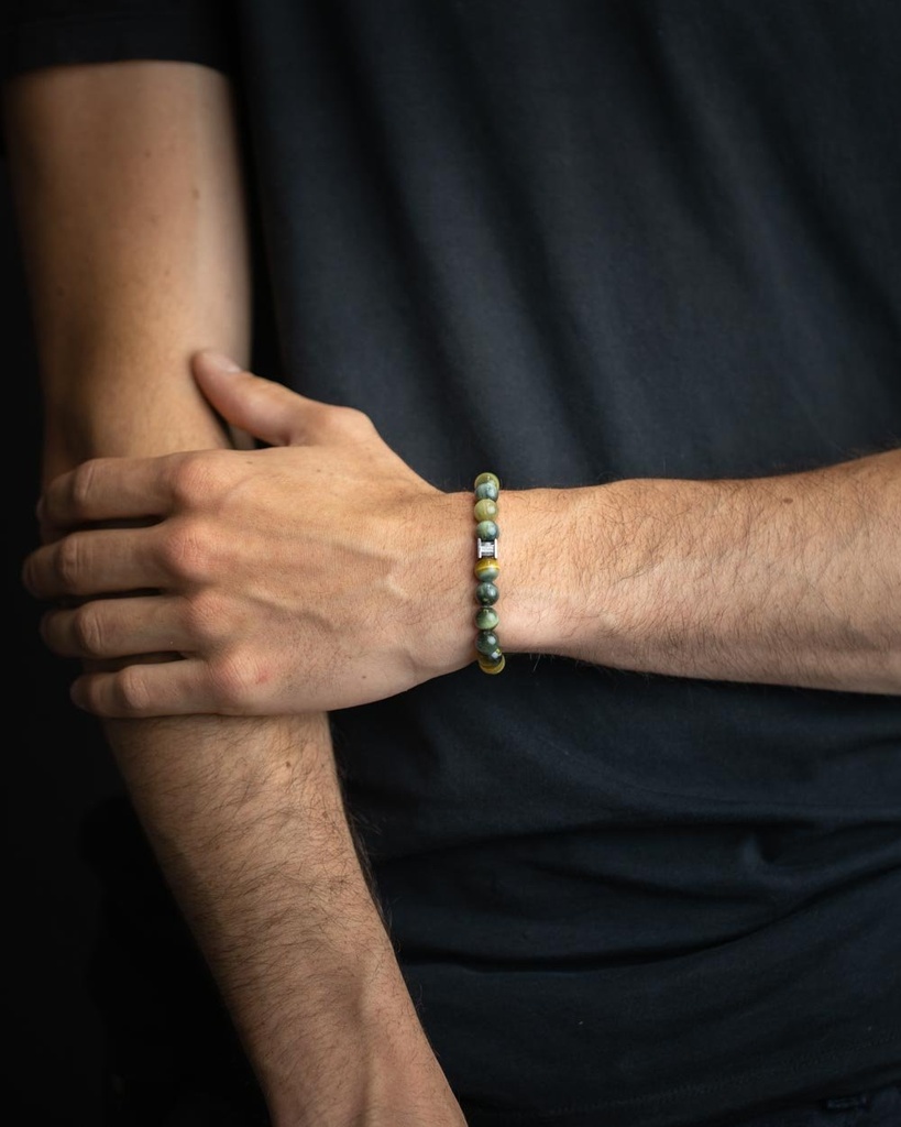 Gemini - Bracelet Triple avec pierre Onyx 6 mm et cuir Nappa