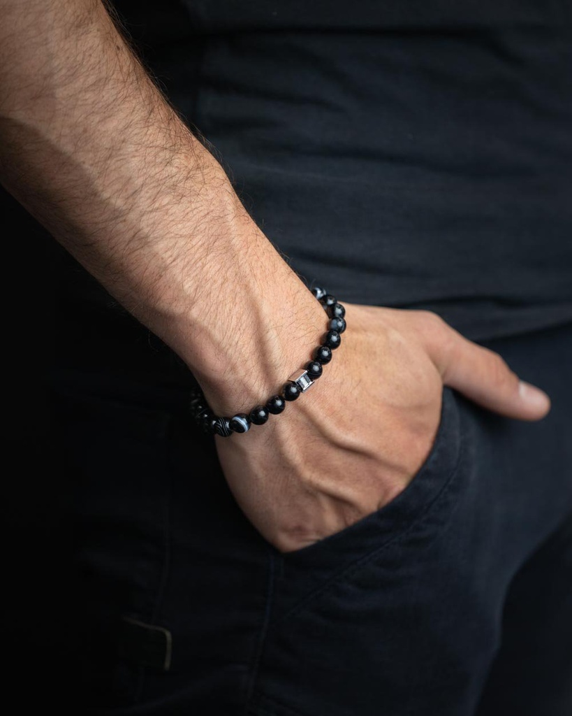 Gemini - Bracelet Triple avec pierre Onyx 6 mm et cuir Nappa