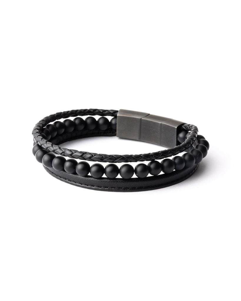 Gemini - Bracelet TRIPLE avec pierre Onyx 6 mm et cuir Nappa (Triple noir) (M-L)