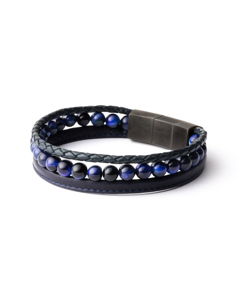 Gemini - Bracelet TRIPLE avec pierre d'Oeil de Tigre en 6 mm et cuir Nappa (triple bleu)