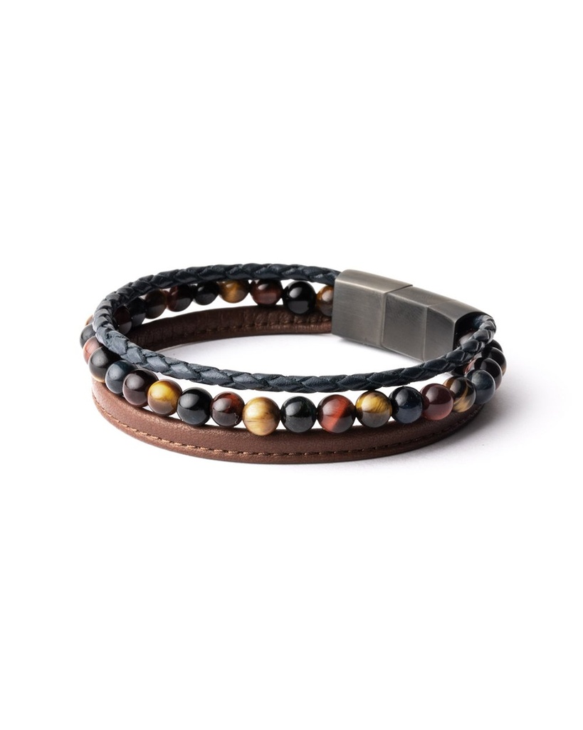 Gemini - Bracelet TRIPLE avec pierre Oeil de tigre 6 mm et cuir Nappa (3-colours) (M-L)