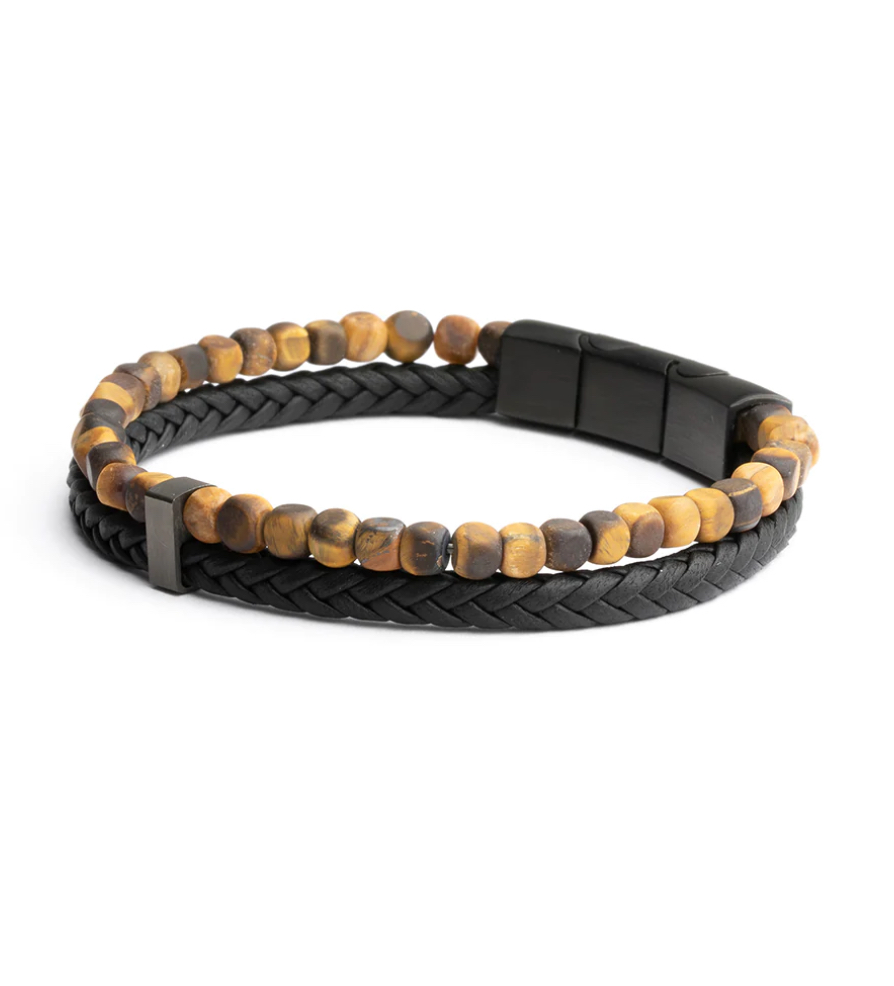 Gemini - Bracelet DOUBLE avec pierre Brune tiger  CUBIQUE et cuir noir (M-L)