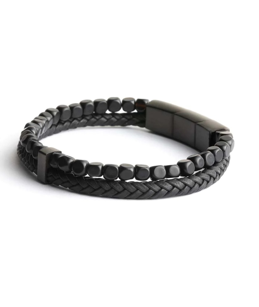 Gemini - Bracelet DOUBLE avec pierre noir CUBIQUE et cuir noir (M-L)