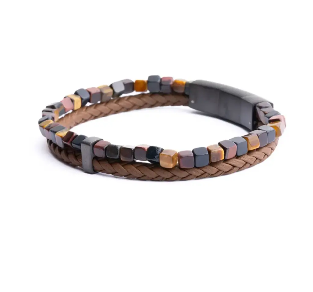 Gemini - Bracelet DOUBLE avec pierre 3 colours CUBIQUE et cuir brun (M-L)