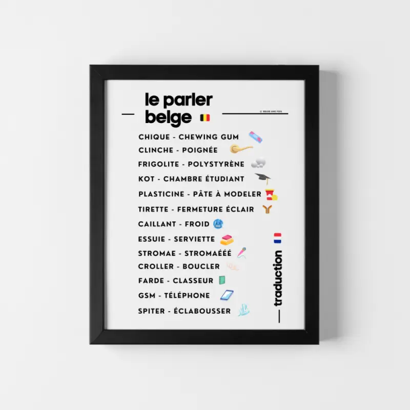BELGE UNE FOIS - Cadre PARLER BELGE TRADUCTION FR 21x30cm Noir (Blanc)