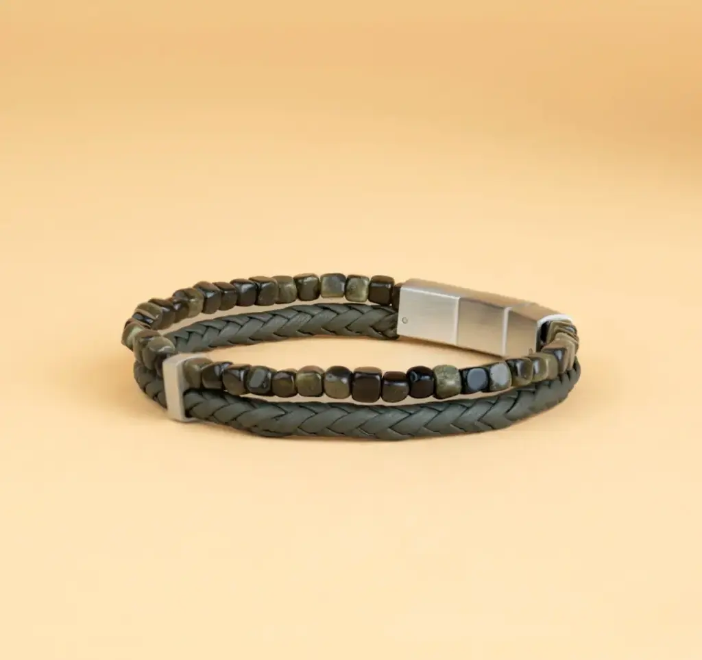 Gemini - Bracelet DOUBLE avec pierre vert CUBIQUE et cuir vert (M-L)